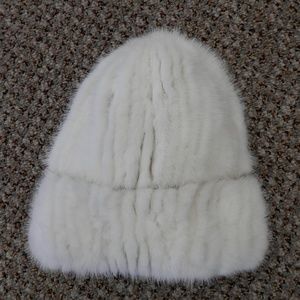SALE White Knitted Mink Fur Stretch Beanie Hat